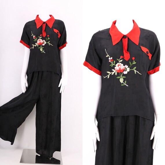 30s 40s embroidered rayon pajamas / vintage 1930s