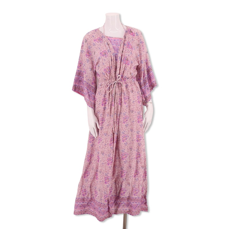 70s India print cotton peasant dress set M, vintage 1970s pink block print halter and caftan outfit, sheer cotton duster robe adini phool image 5