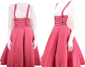 50s quilted suspender circle skirt 24" / vintage 1950s pink pin up party cotton full skirt S