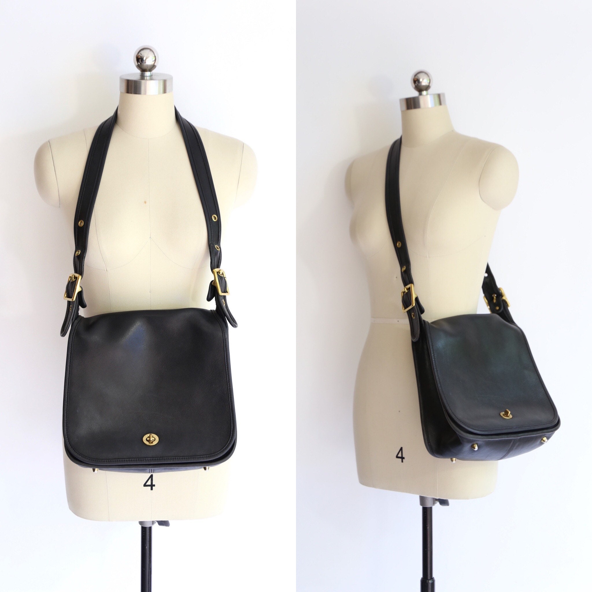 vintage COACH black leather bag/ 80s 90s saddle bag purse CROSS BODY ...