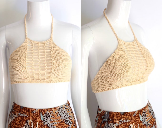 70s crochet halter top size S  / vintage 1970s custom crochet handmade tie top shirt blouse Woodstock era 60s