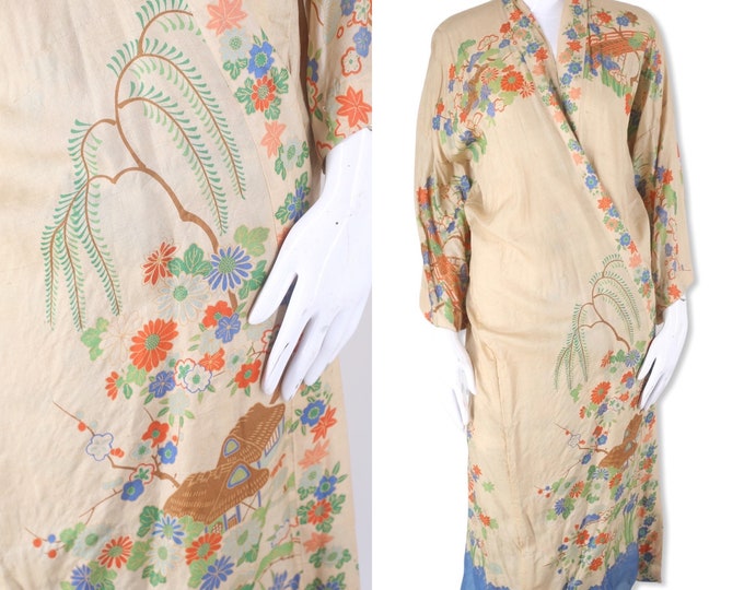 30s Pongee silk robe, Vintage Japanese Kimono, 1930s Beige Floral Print, Art Deco Duster, One Size, Rare Vintage Robe