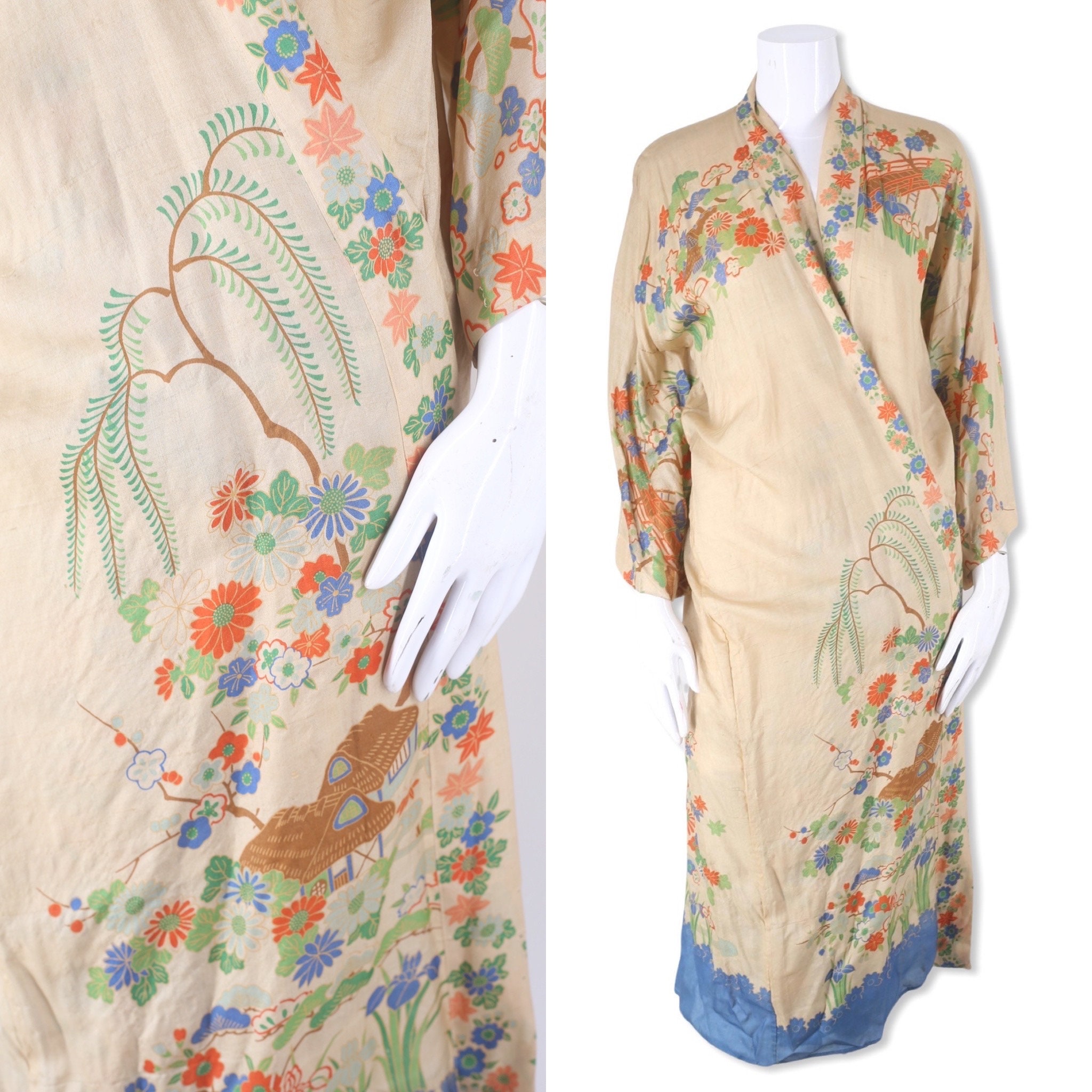 30s Pongee silk robe Vintage Japanese Kimono 1930s Beige