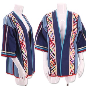 70s denim patchwork jacket M, vintage 1970s custom denim, ribbon trim duster jacket, art to wear