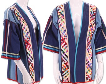 70s denim patchwork jacket M, vintage 1970s custom denim, ribbon trim duster jacket, art to wear