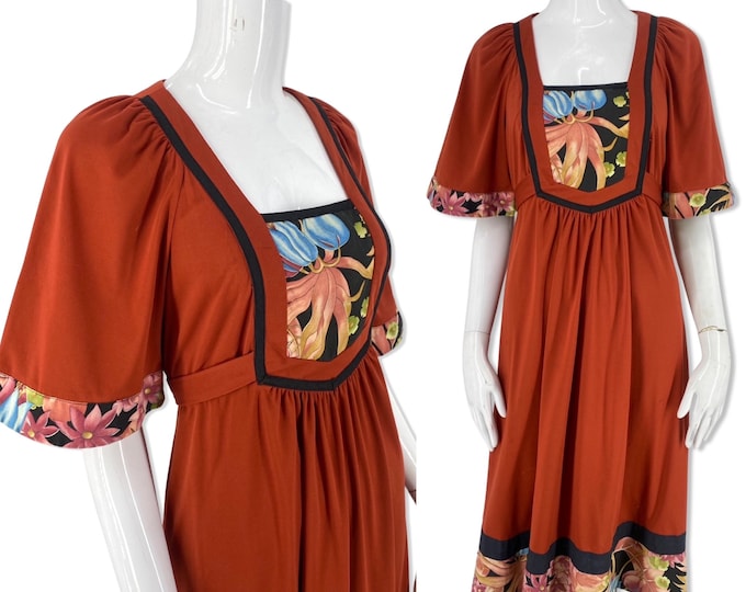 70s JODY rust peasant dress M, vintage 1970s mixed media poly dress, 70s summer dress festival