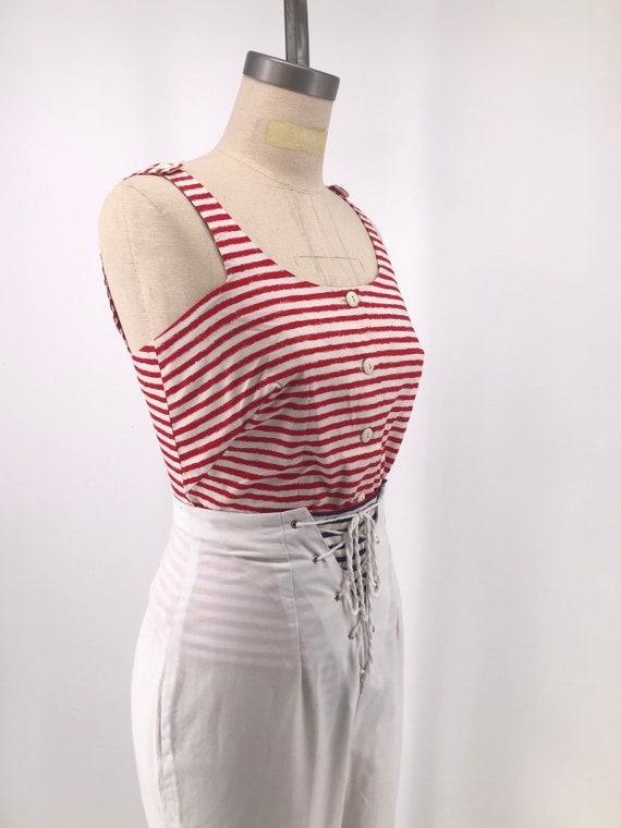 50s SAILOR OUTFIT cotton striped top and lace up … - image 7