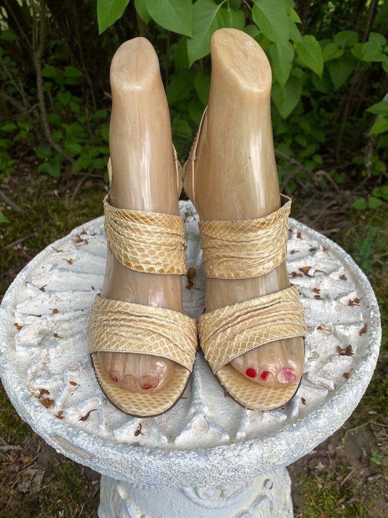 70s sz 6.5 HALSTON python sandals high heels, vintage 1970s 80s beige strappy shoes, disco heels, pumps shoes 36.5 image 10