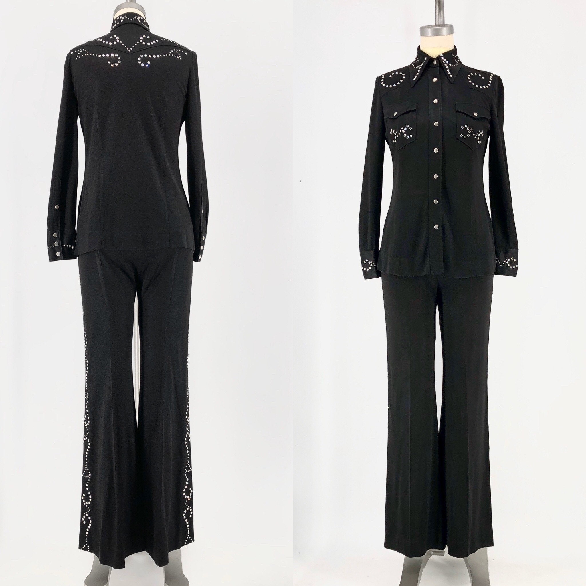 70s Las Vegas Manning Silver custom rhinestone stud bell bottom suit 8