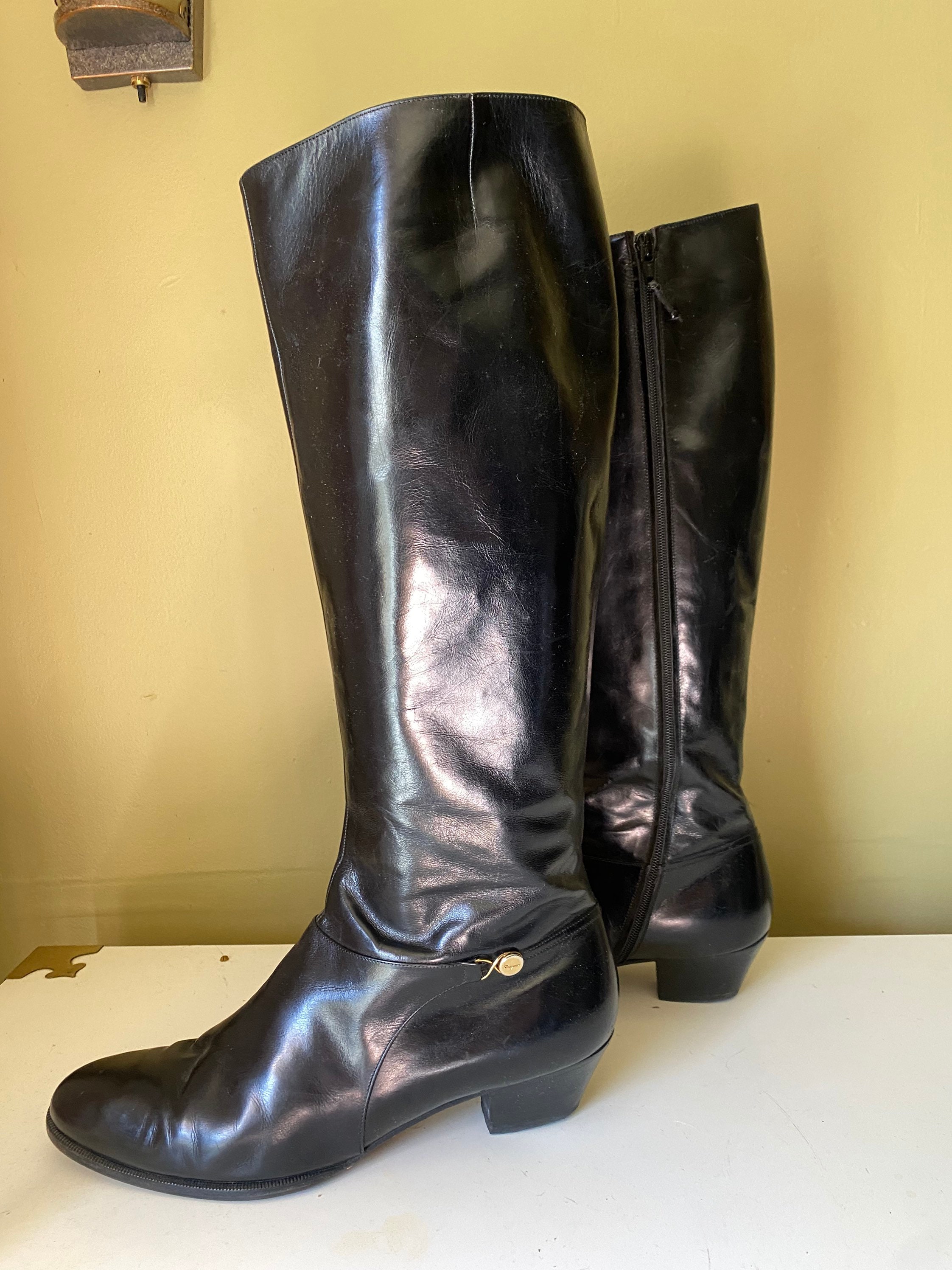80s sz 10.5 black FERRAGAMO knee high boots vintage 1970s