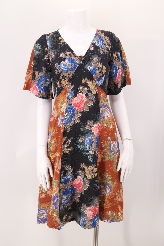 70s floral rayon print scarf mini dress S  / vint… - image 8