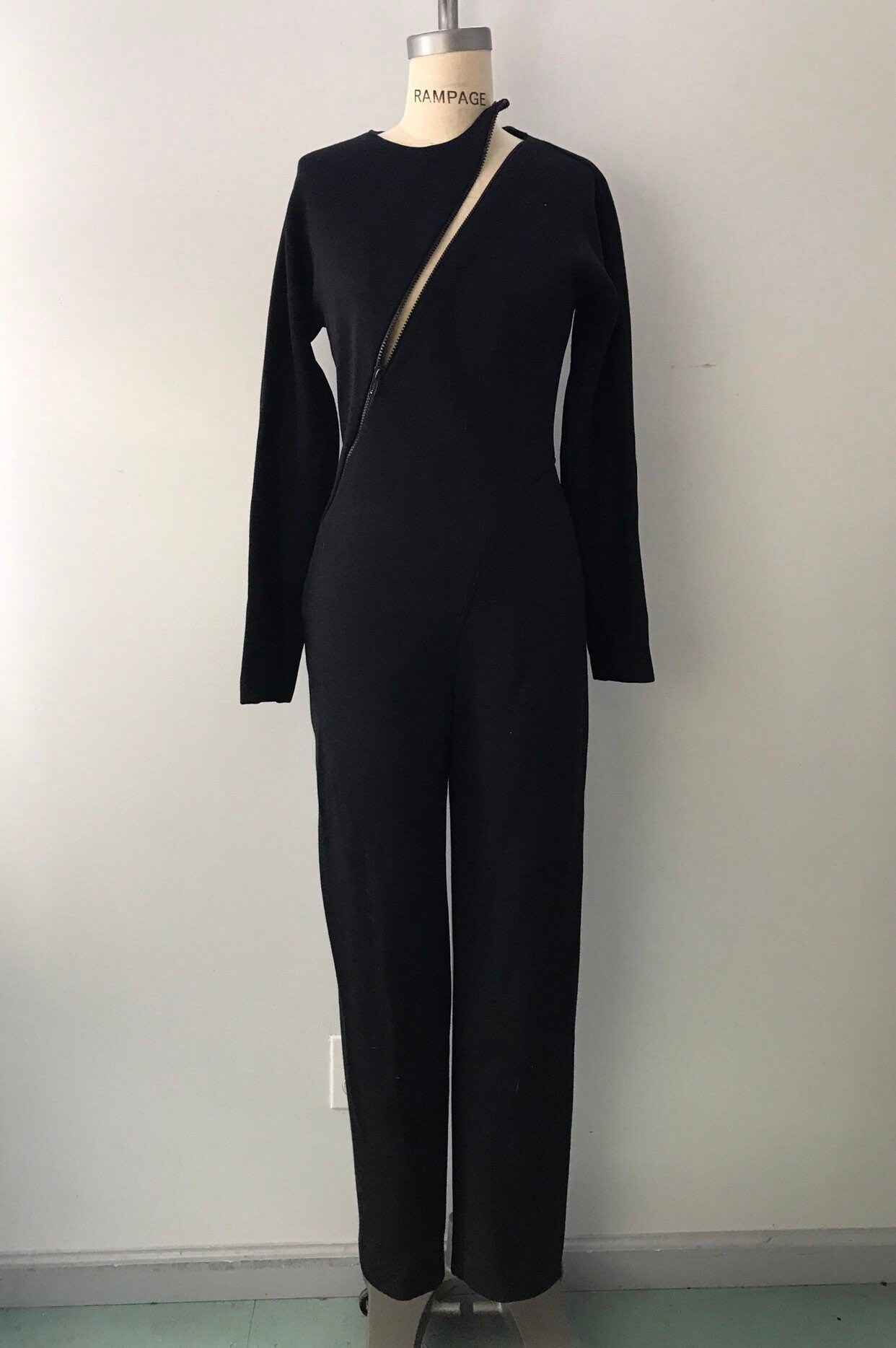 80s 90s GEOFFREY BEENE black wool knit asymmetrical zipper JUMPSUIT ...