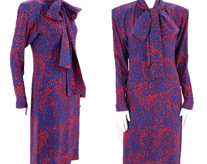 70s 80s YSL silk print bow dress 38 / 1970s vintage Yves Saint Laurent strong shoulder designer dress France 8