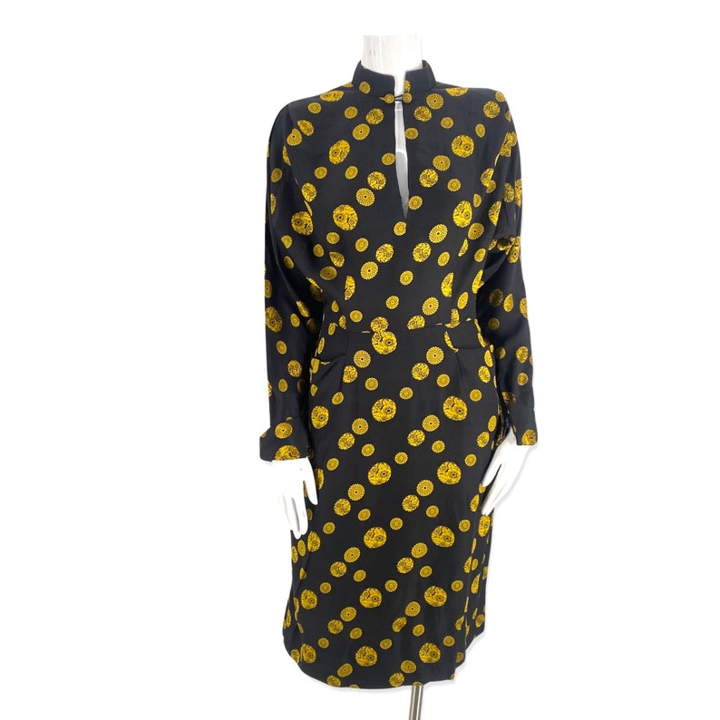 40s silk rayon day dress, vintage 1940s medallion print tailored dress, 50s wiggle dress, black yellow dress 25 W image 3