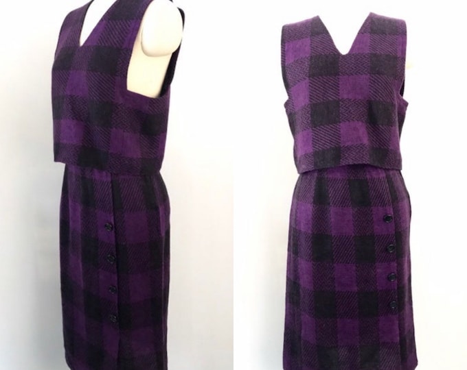 80s GEOFFREY BEENE dress outfit / vintage 1980s purple houndstooth check knit soft 2 pc set skirt top