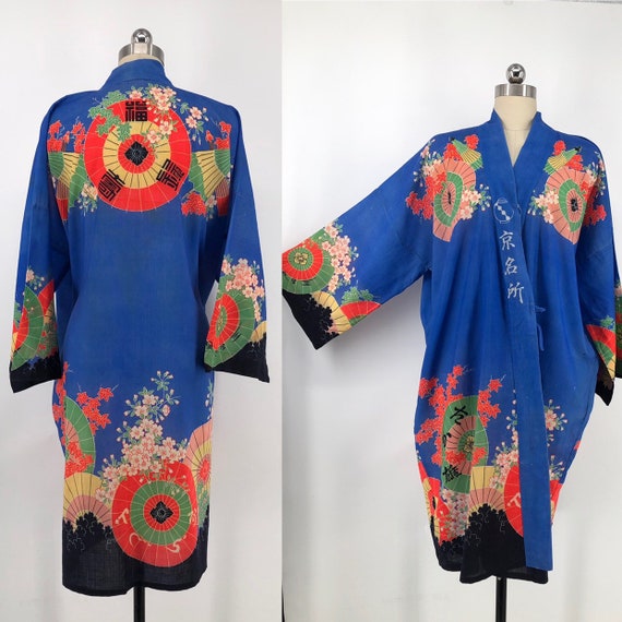vintage 30s print kimono / blue Yuzen Zome fan & c