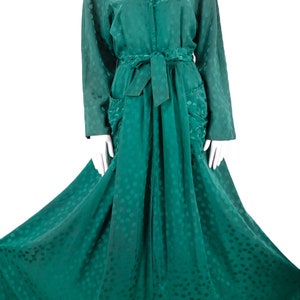 30s rayon Satin emerald dressing gown M / vintage late 1930s 40s dot print zip front dress with wide sweep and sash 1940s S-M image 2