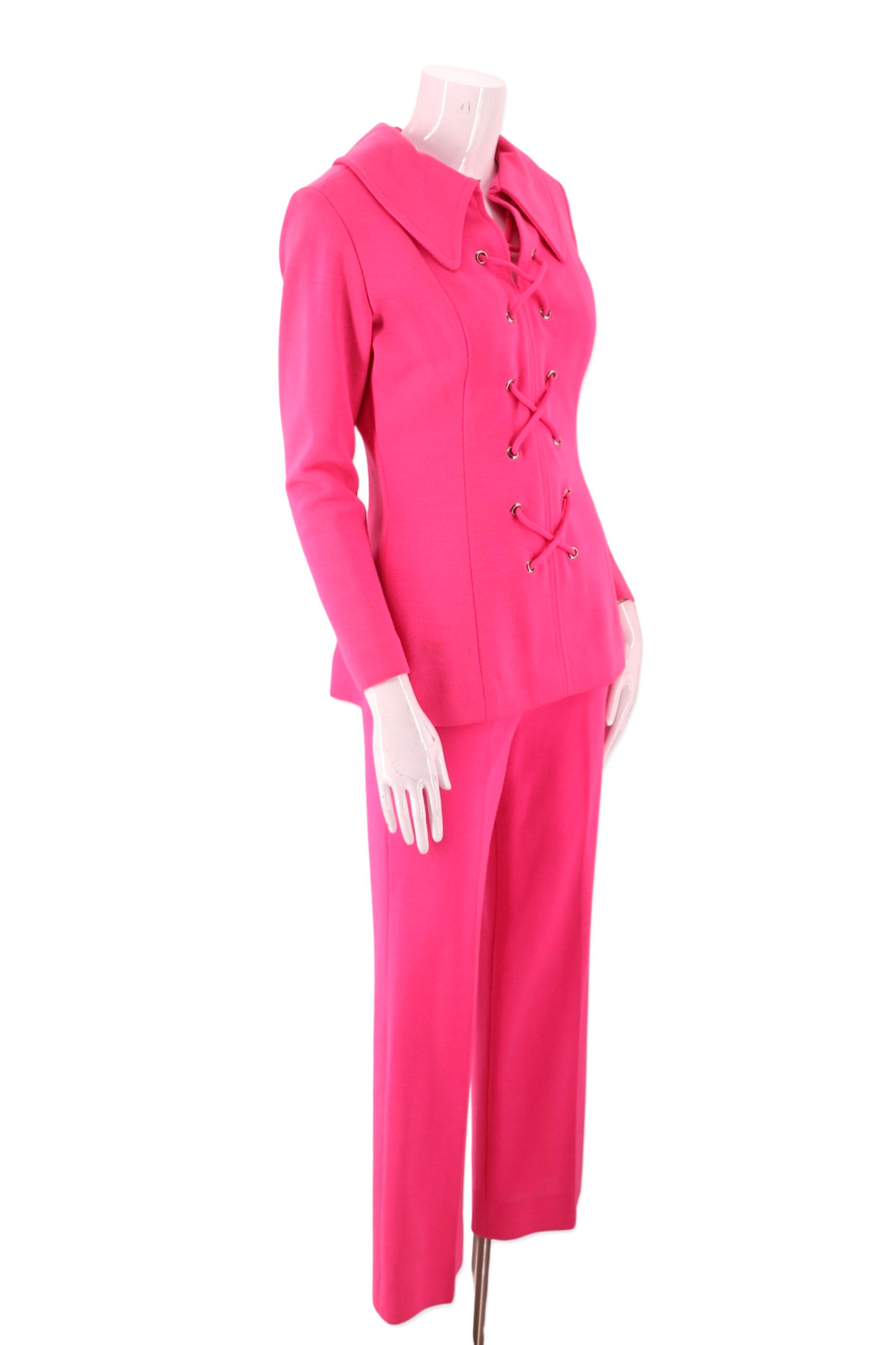 60s pink lace up bell bottom knit suit 4-6 / vintage 1960s neon tunic and  bells pants outfit M