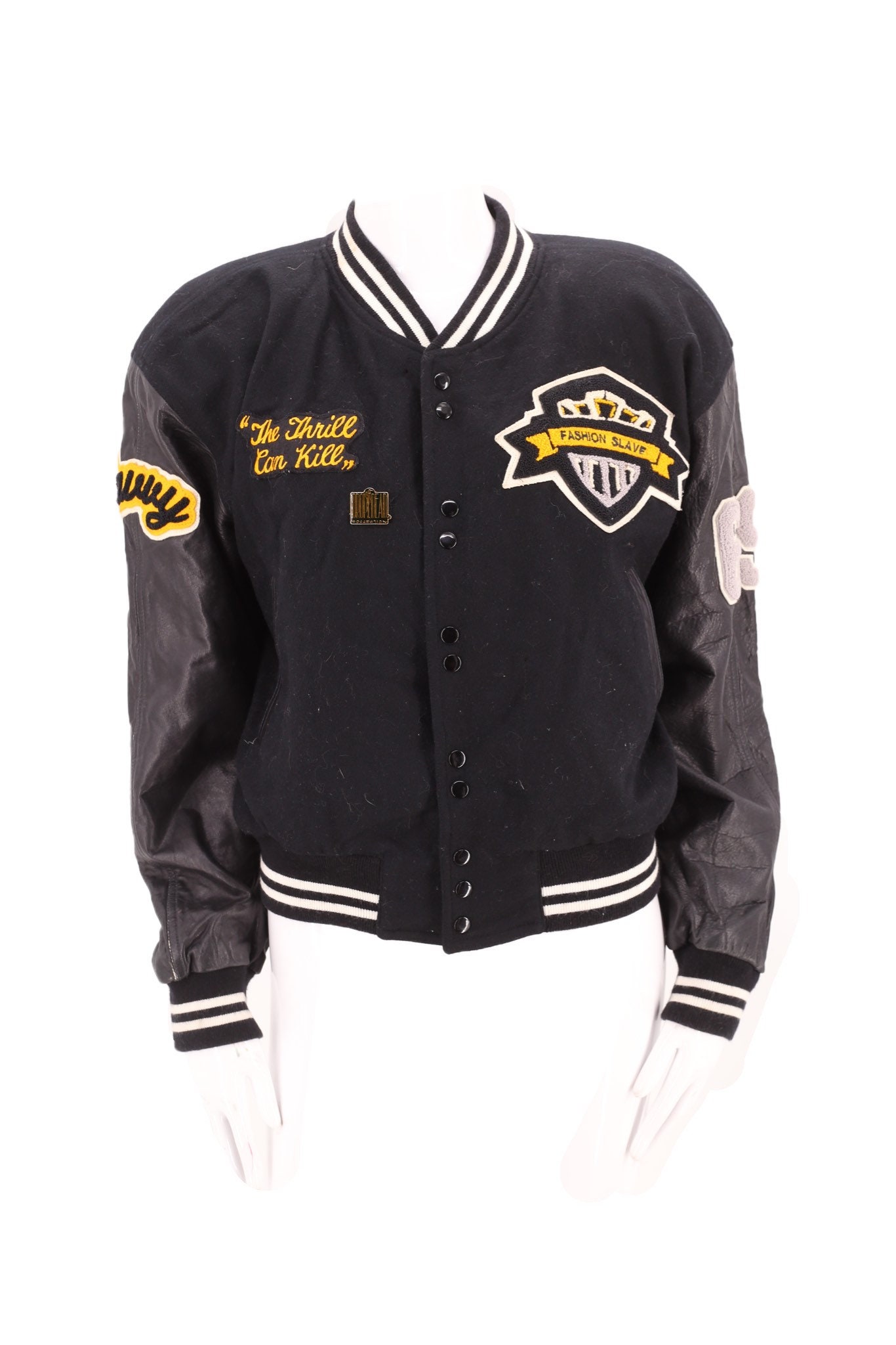 90s Novelty black leather varsity jacket S / vintage 1990s 90s Novelty black leather varsity jacket S / vintage 1990s