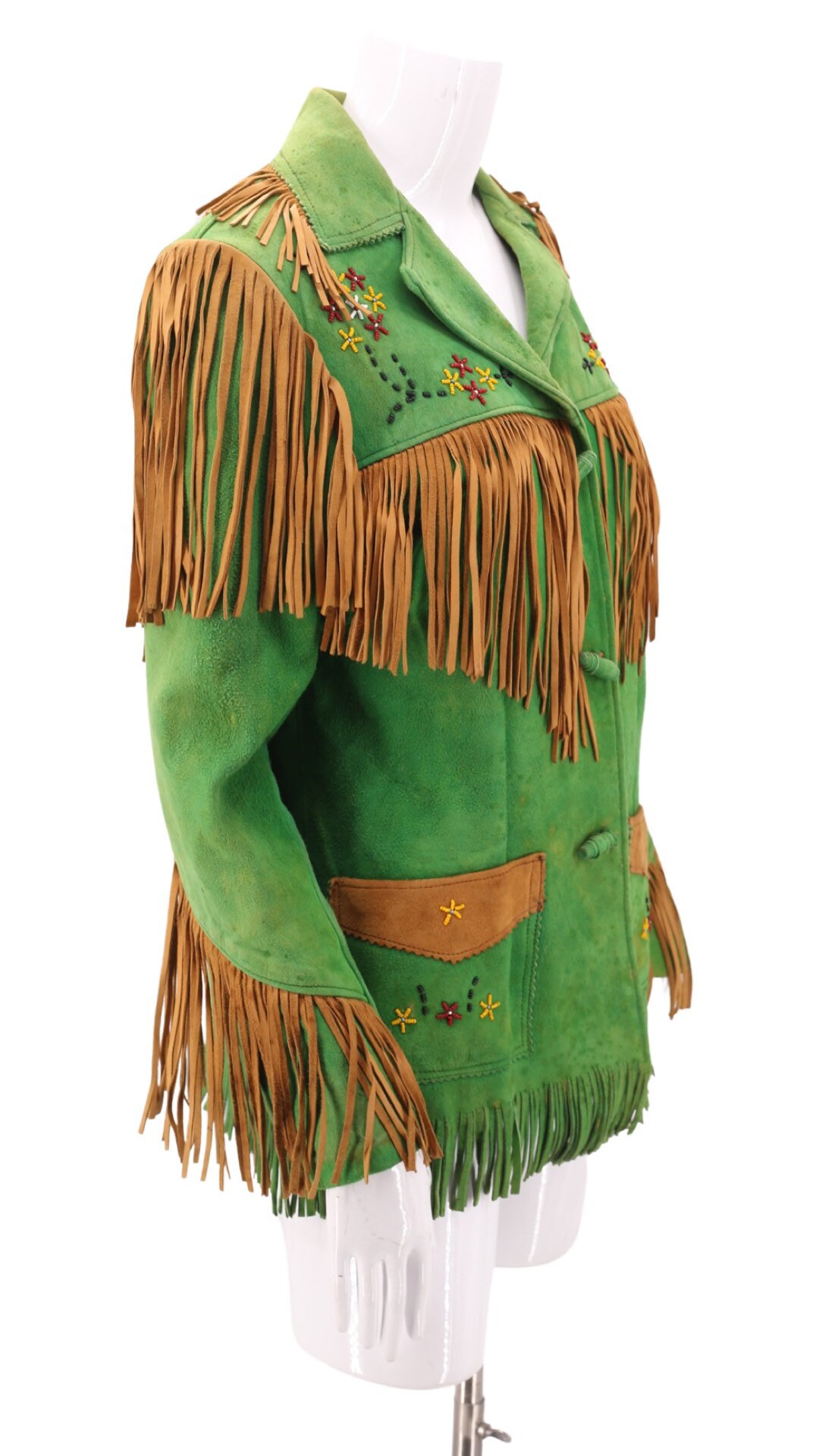 50s CHRIS LINE Originals womens green suede western fringe jacket M L vintage 1950s cowgirl beaded vibrant fringed jacket 40s