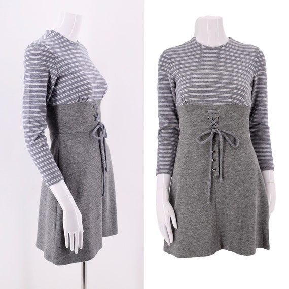 60s Gray Knit Striped Mod Mini Dress / vintage 196