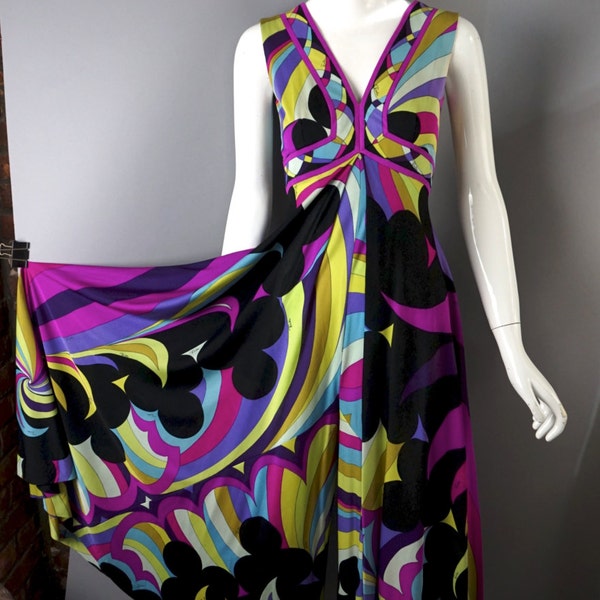 1970s rare EMILIO PUCCI jumpsuit silk jersey bold psychedelic print signed wide legs vintage Italy 8 10