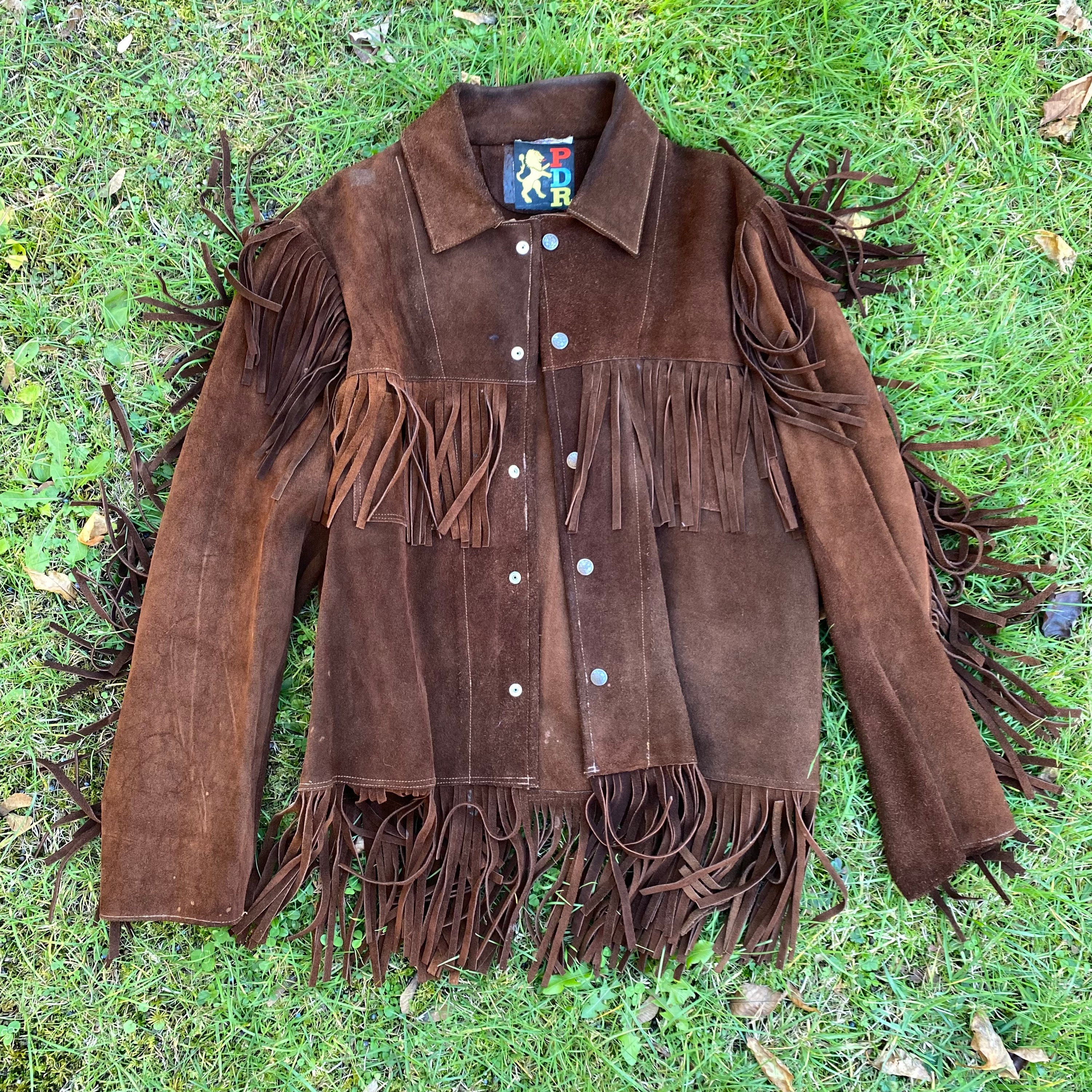 70s brown suede western fringe jacket M / vintage 1970s rock and