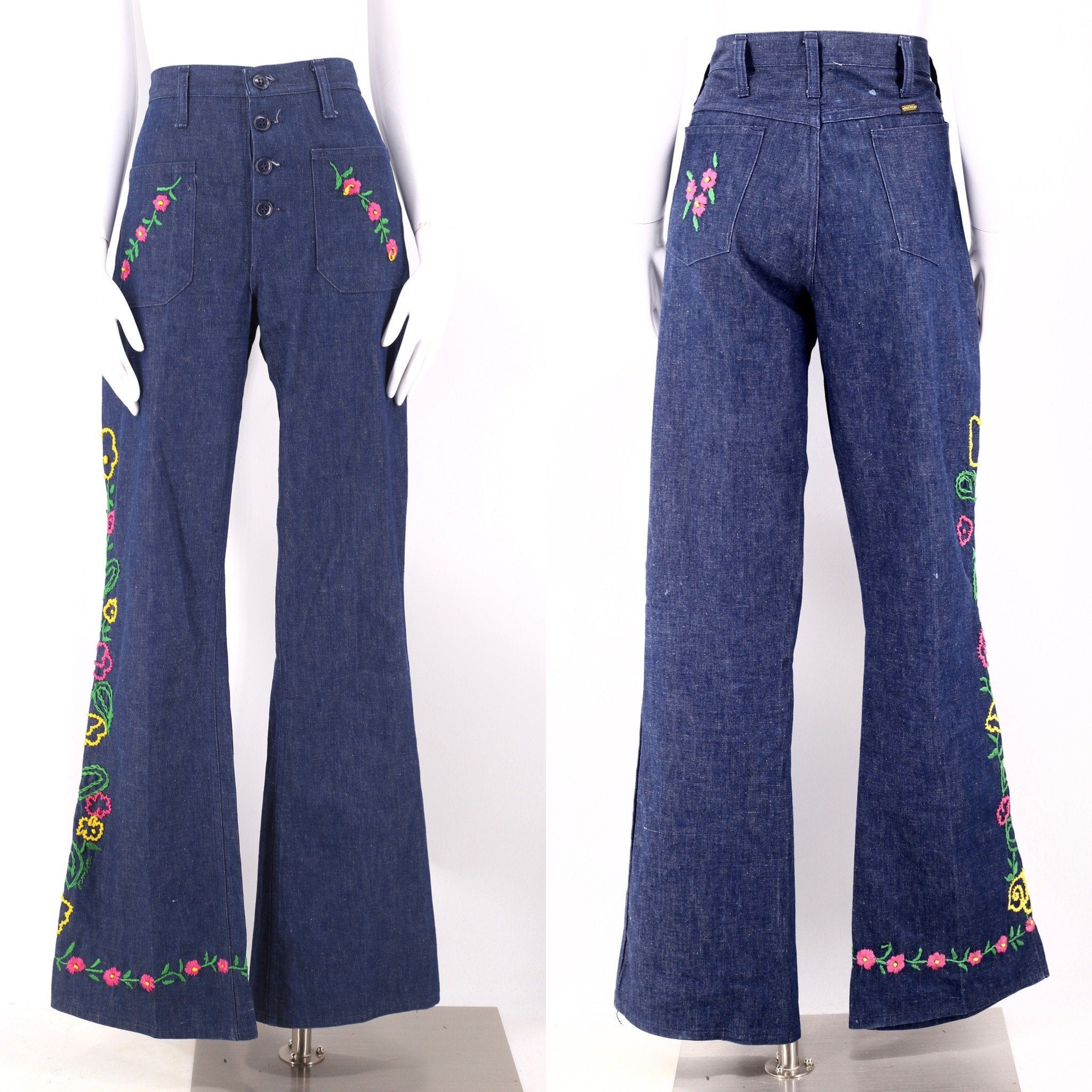 Vintage 1970s Distressed Embroidered LEE Sailor Flares Bell