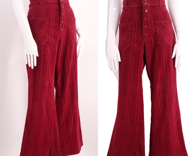 60s velvet high rise bell bottoms pants 35" / vintage 1960s 70s red velour striped flares sz 35