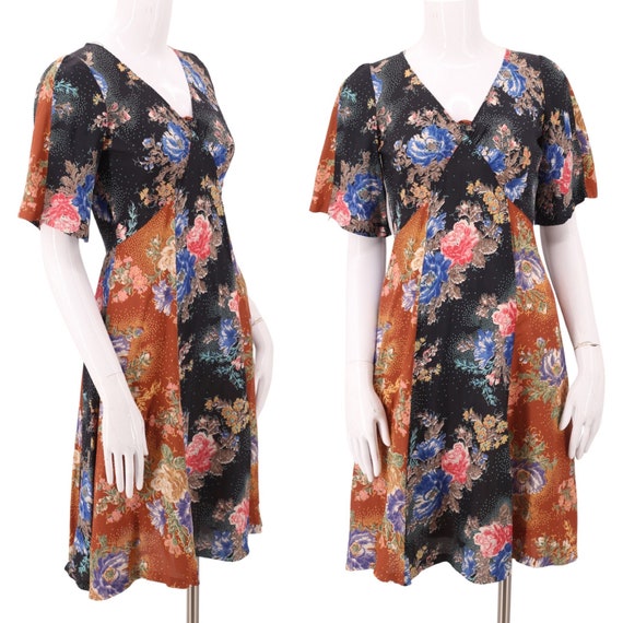 70s floral rayon print scarf mini dress S  / vint… - image 1