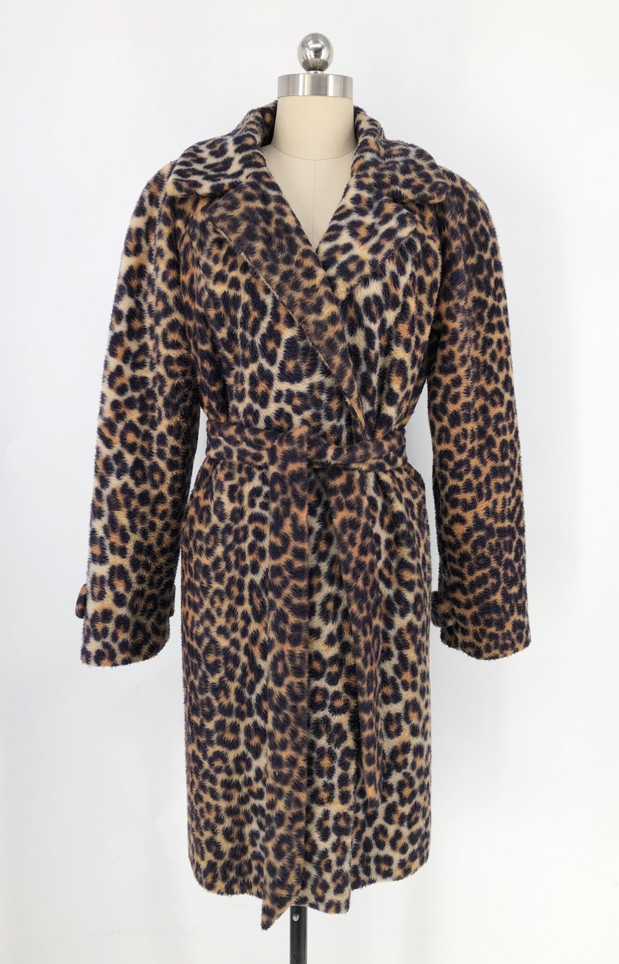 60s leopard print faux fur sash coat