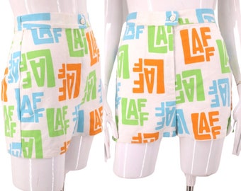 70s novelty print high rise shorts 24" / vintage 60s 1970s LAFF logo print denim hot pants short short S XS