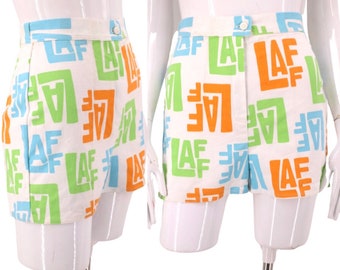70er Neuheitsdruck High Rise Shorts 60er 1970er LAFF Logo Print Jeans Hot Pants kurz S XS
