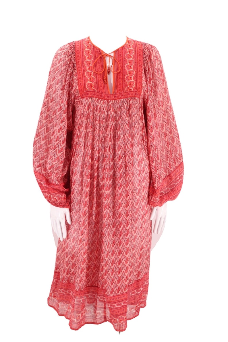 70s JUDITH ANN peasant dress S, vintage 1970s Rita Kumar red tissue cotton dress, India print festival caftan XS 4 image 2