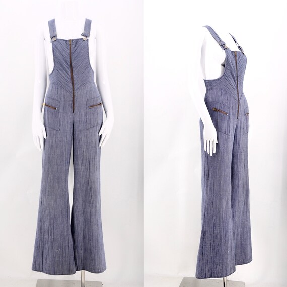 70s bell bottom cotton denim jumpsuit / vintage 19