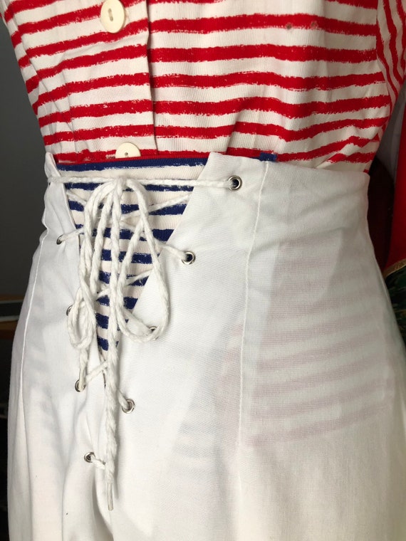 50s SAILOR OUTFIT cotton striped top and lace up … - image 3