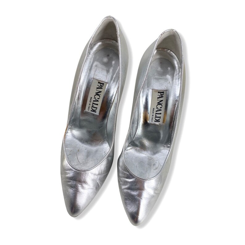 80s silver high heels sz 7.5, Vintage 1980s PANCALDI metallic shoes, leather pumps, 80s designer shoes Italy image 2