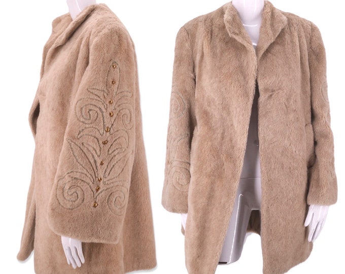 40s plush faux fur coat, beige studded soutache trim winter coat, vintage 1940s swing jacket, car coat evening M