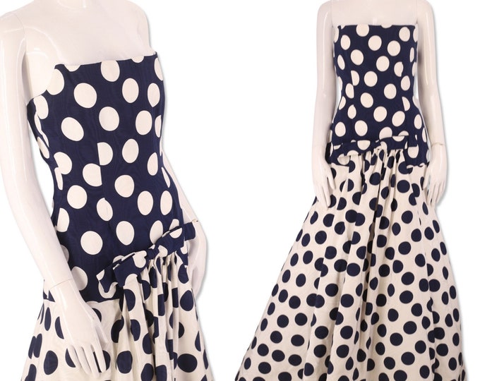 80s SCAASI evening gown 26"  / vintage 1980s designer dress / 80s ball gown / polka dot print Arnold Scaasi / navy white dress
