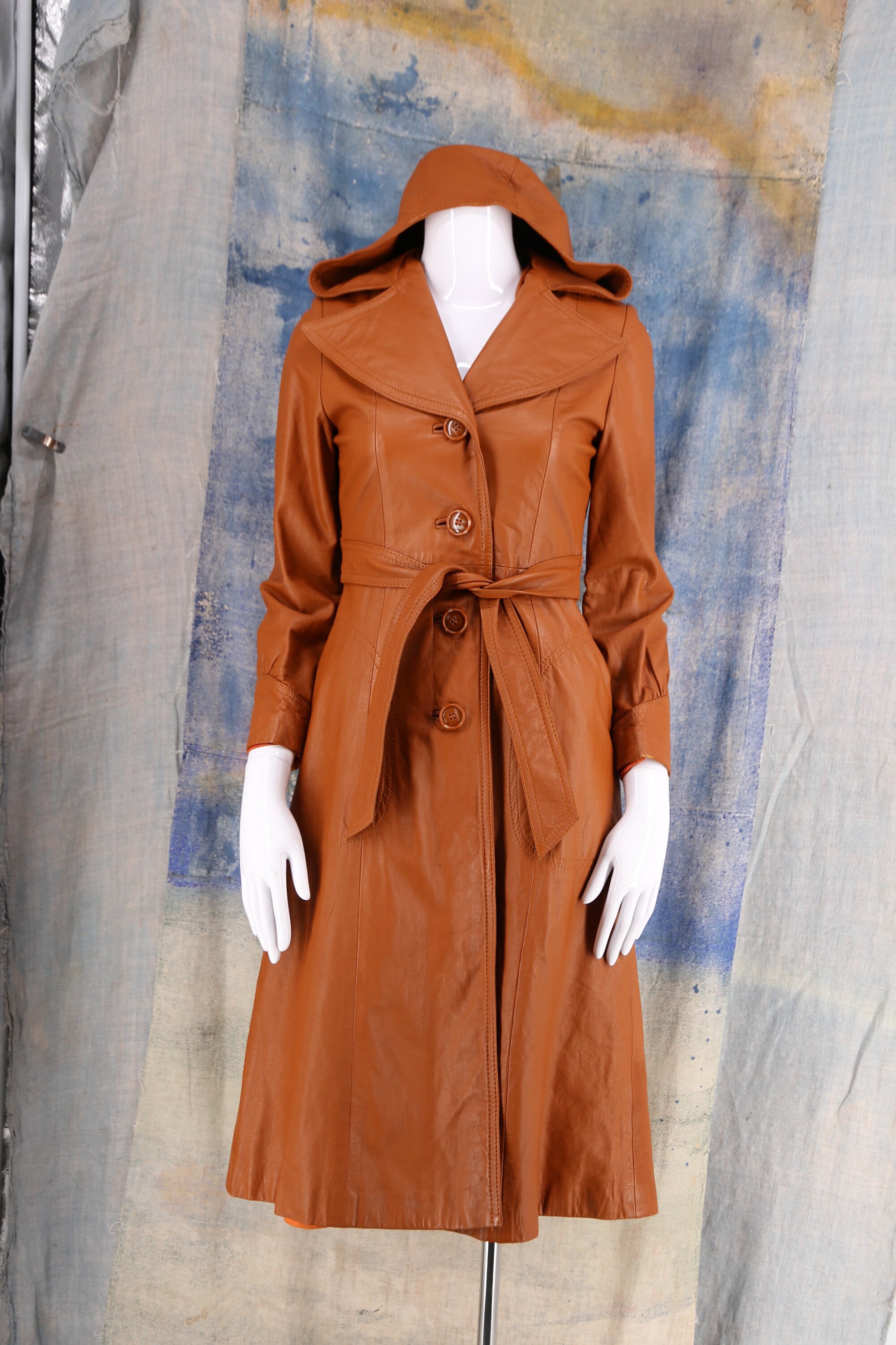 70s caramel leather hooded trench coat Sm / vintage 1970s Junior ...