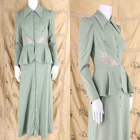 70s does 30s sage appliquéd maxi dress / vintage 1