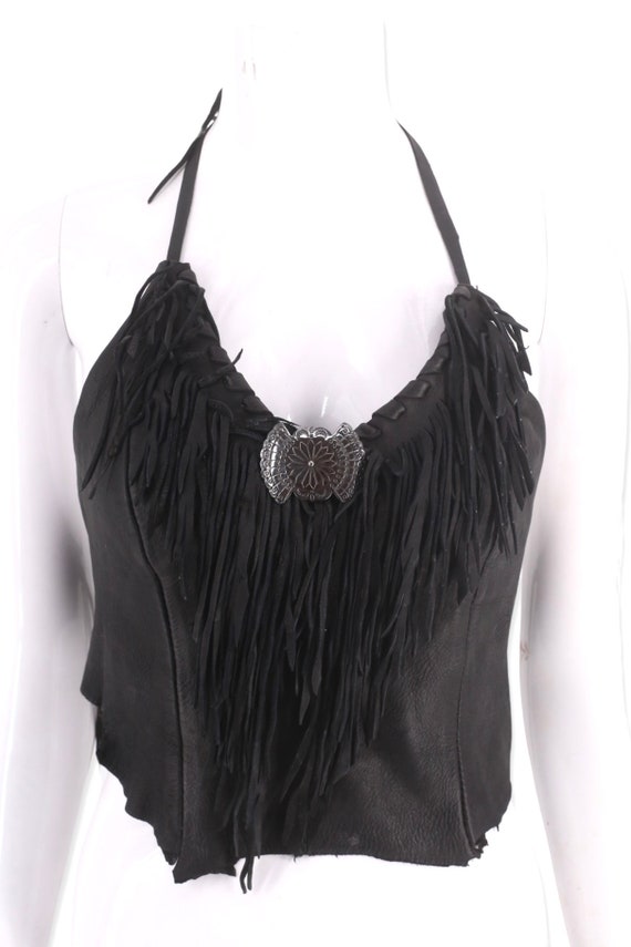 70s fringe leather black halter top size S, vinta… - image 6