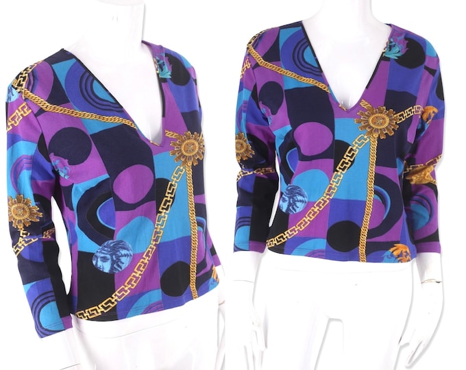 90s VERSACE Medusa top, vintage 1990s Versace Jeans medallion chain print knit, 90s designer stretch blouse M