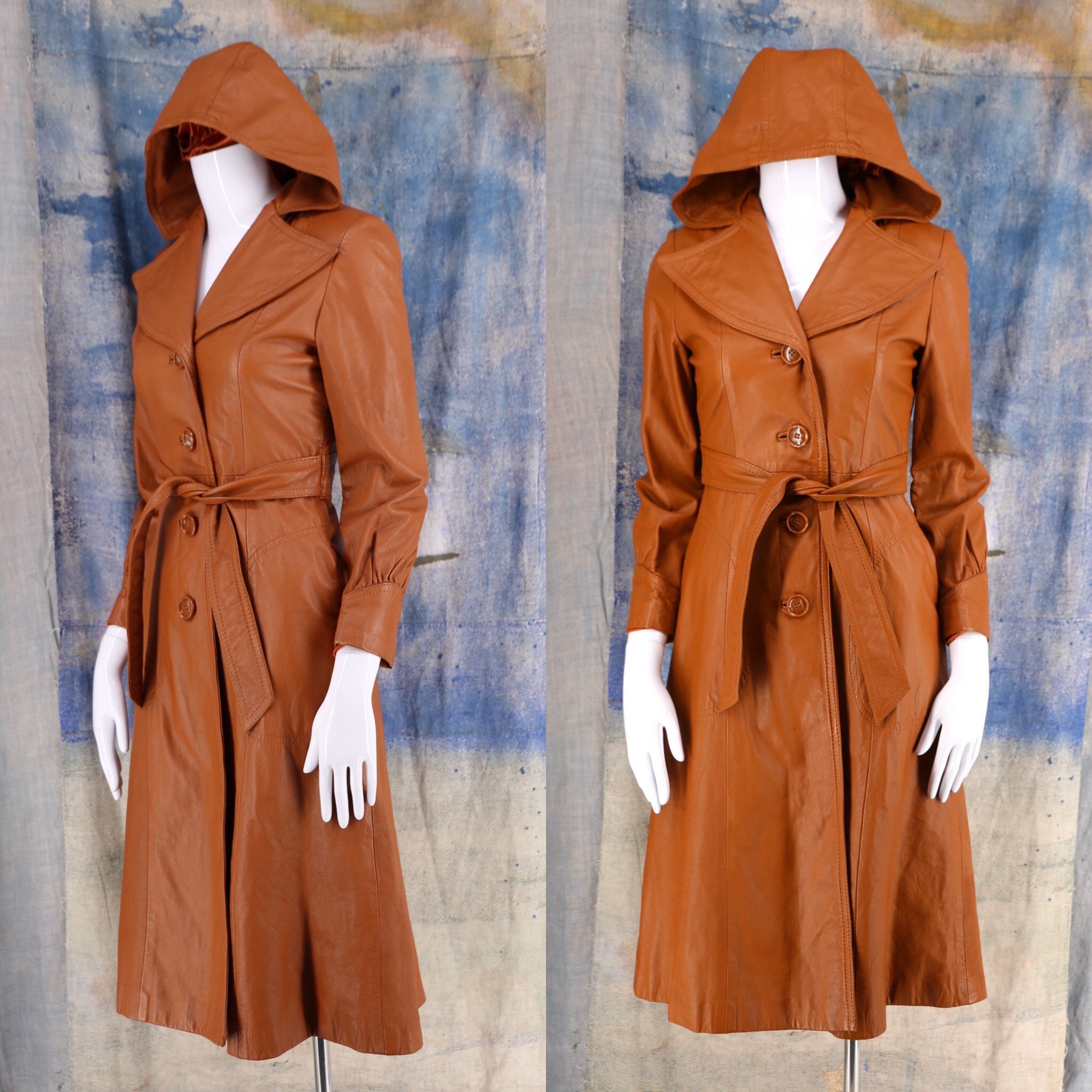 70s caramel leather hooded trench coat Sm vintage 1970s Junior