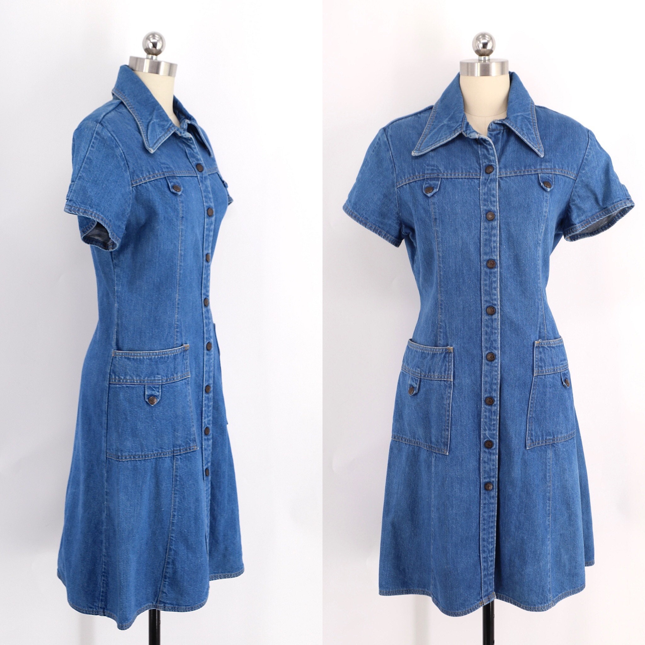 70s LANDLUBBER denim dress sz L / vintage 1970s shirt dress snap front