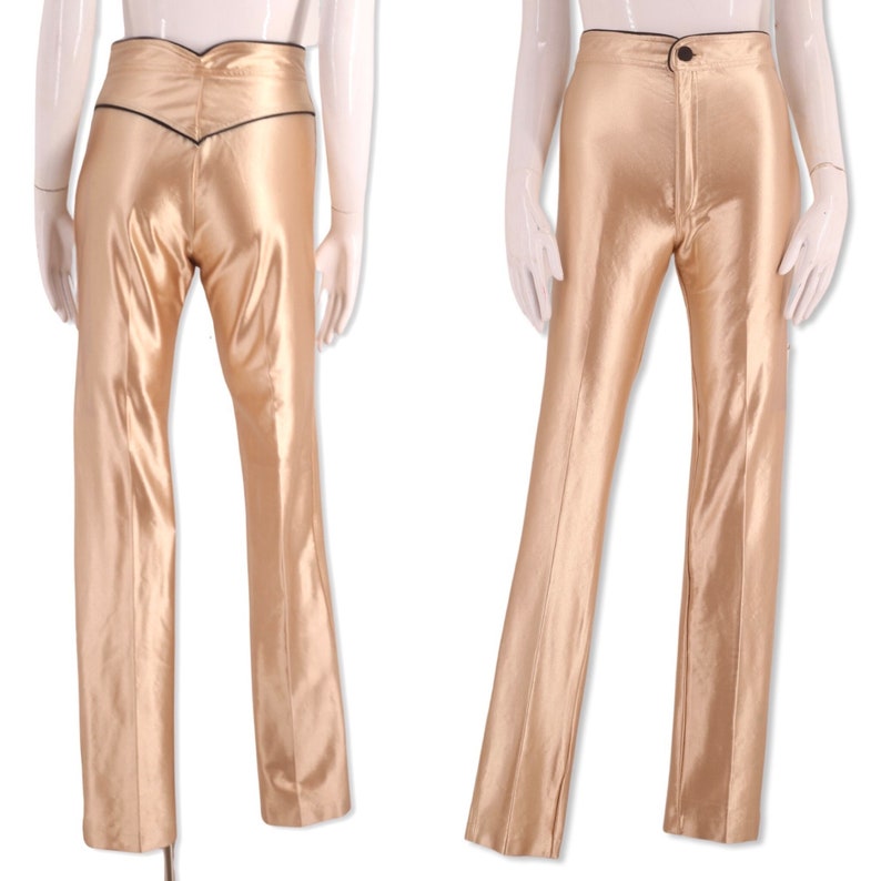 70s gold disco pants S/M, vintage 1970s original spandex Great Escape Fredericks pants, shiny champagne skin tight leggings size 4-6 1980s image 1