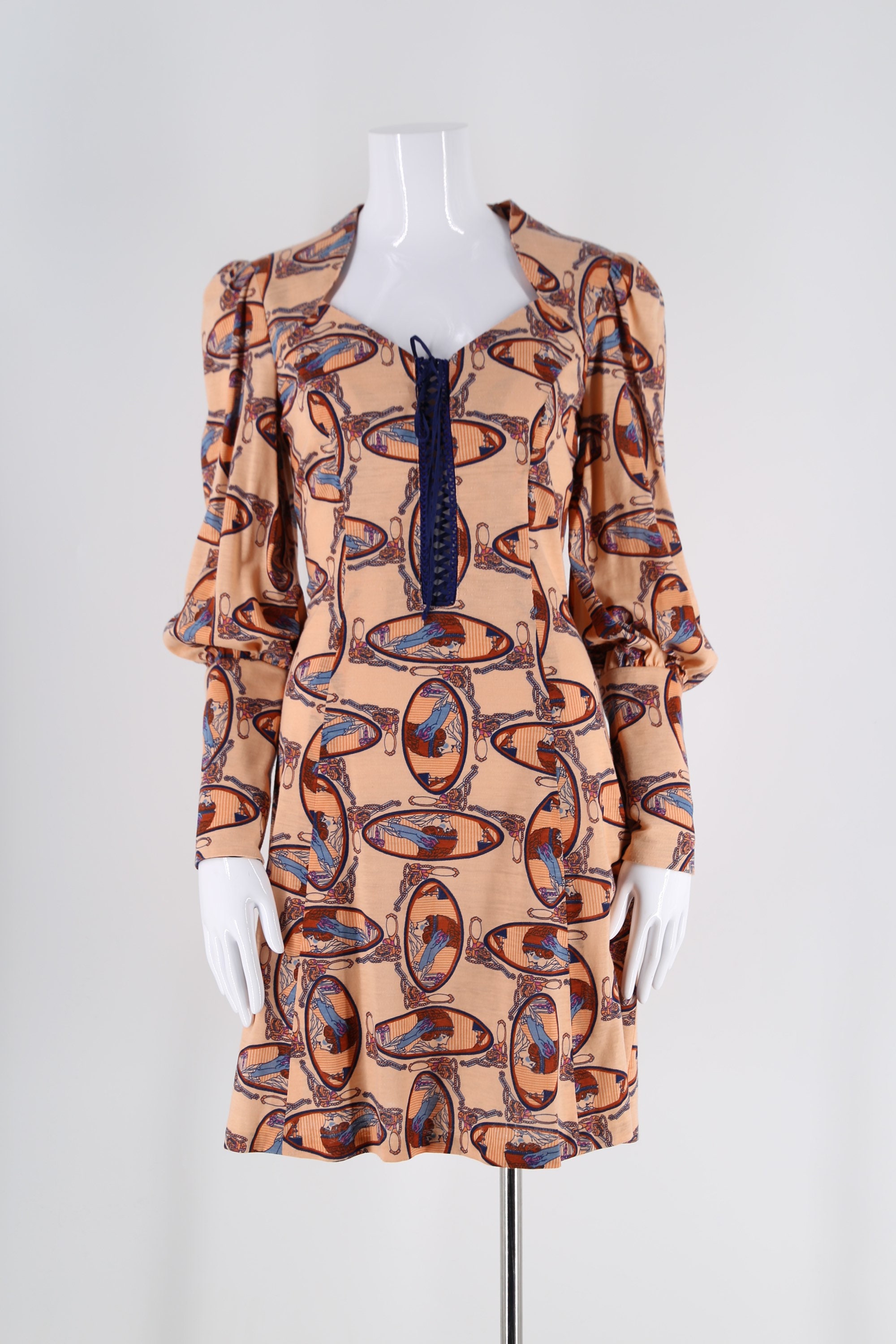 70s novelty face print cotton mini dress size L / vintage 1970s lace up ...