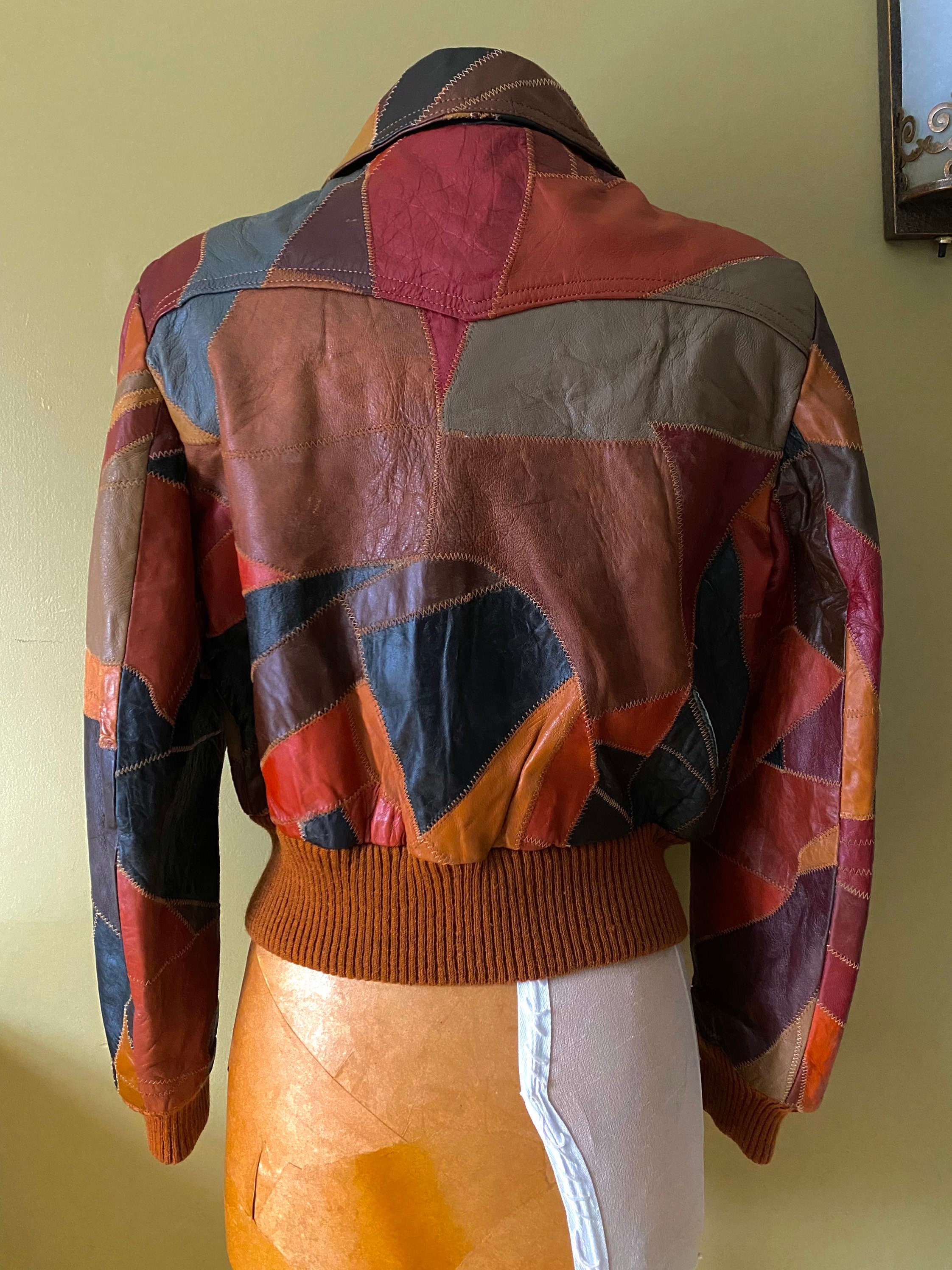 70s patchwork leather bomber jacket M / vintage 1970s brown multicolor ...