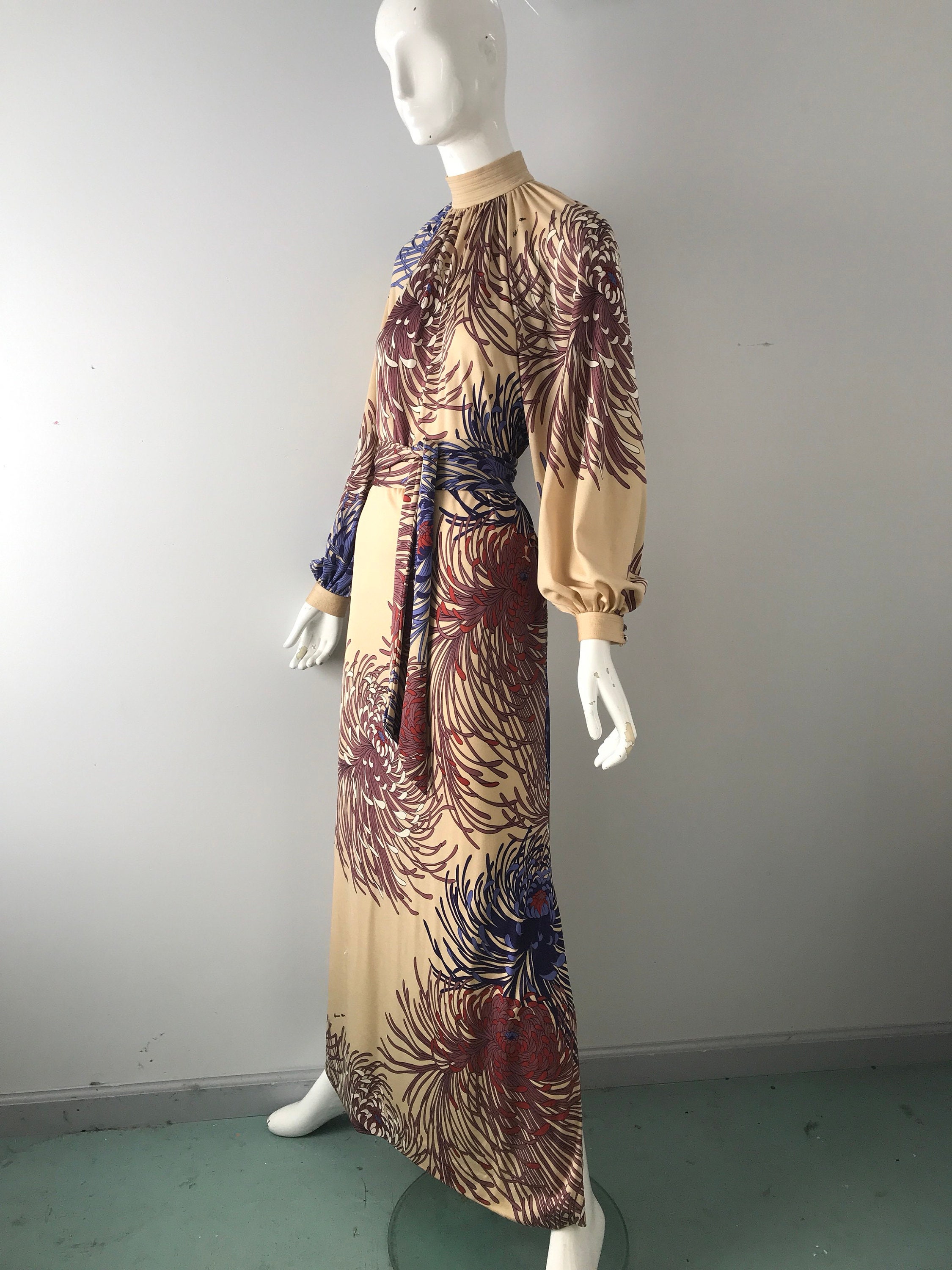 Hanae Mori 70s dress vintage chrysanthemum print jersey floral peasant ...