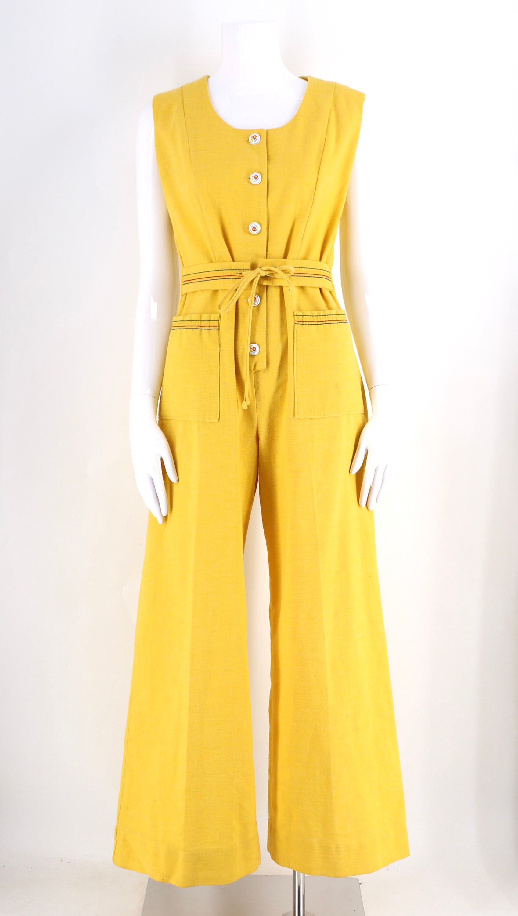 70s sunshine yellow bell bottom cotton jumpsuit and jacket set